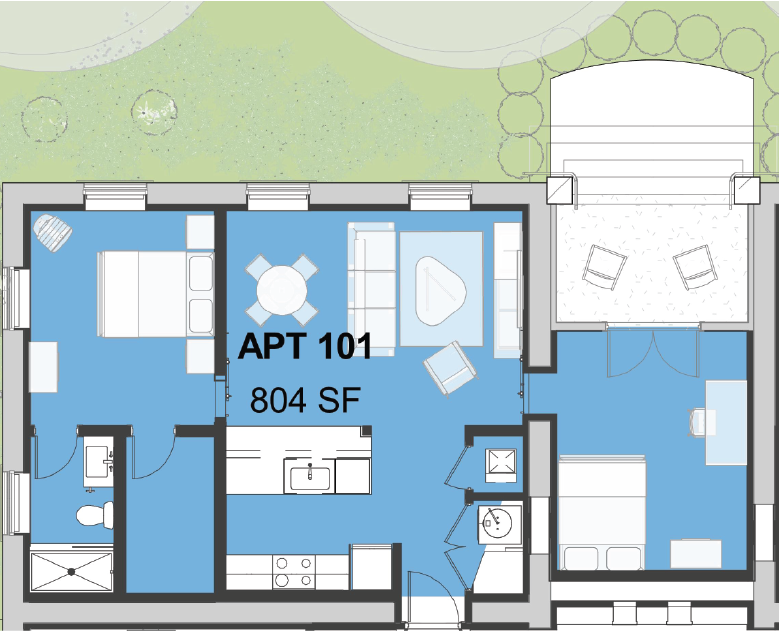 Floor plan for 1 bed, 1 bath, 804 sqft